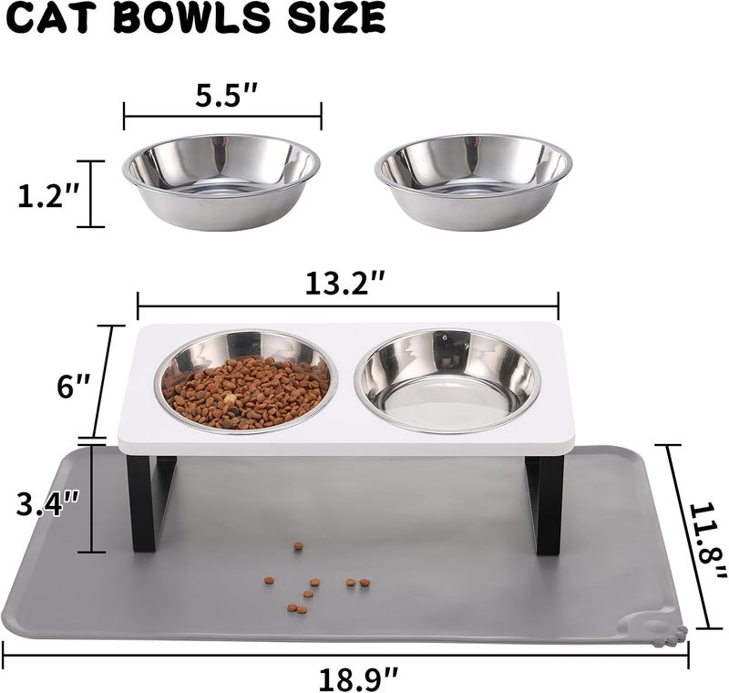 Summark Upgraded Elevated Cat Bowls with Food Mat,15°Tilted Stand Anti Vomiting Raised Cat Dishes for Food and Water,2 Stainless Steel Bowls for Cats and Puppy（White） - Image 5